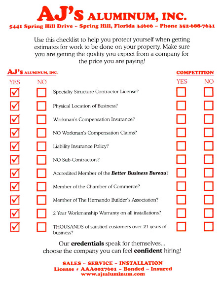 Aluminum Contractor Free Estimate Checklist